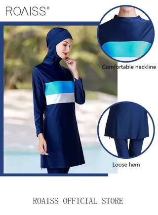 3 Piece Women Conservative Colorblock Swimsuit Set Muslim Sun Protection Swimwear Swimming Trousers Cap Ladies Loose Beachwear Dress Arab Clothing 