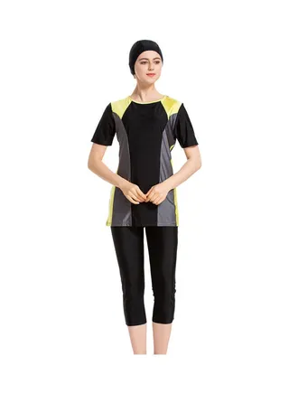 Nylon Round Neck Muslim Short Sleeve Contrast Burkini Black 