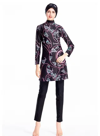 Conservative Islamic Women All-Over Print Swimwear Top and Pant Black 