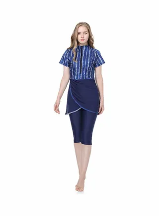 Middle Eastern 3-Piece Print Short Sleeve Burkini Set Dark Blue 