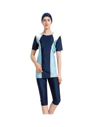 Short Sleeve Panel Nylon Islamic Swimwear Dark Blue 