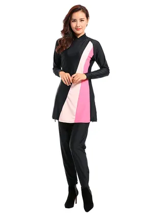 Soft Breathable Long Sleeve Swimsuit With Hijab Black/White/Pink 