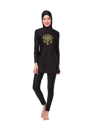 Long Sleeve Hooded Neck Burkini Black/Gold 