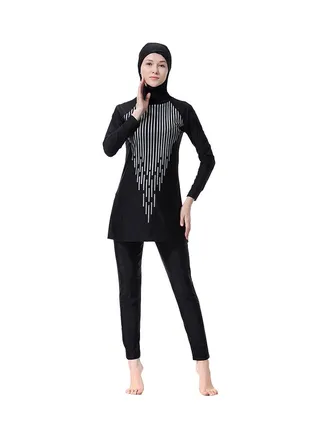 2-Piece Nylon Long Sleeves Burkini Set Black/White 