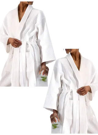 2 Pieces Luxury Suite Waffle Robe in White 