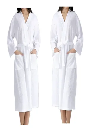 2 Pieces Waffle Check Design  Bathrobe Standard Size with Double Front Pockets 