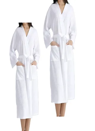 2 Pieces WHITE WAFFLE COTTON ROBE UNISEX  Bathrobe Standard Size 