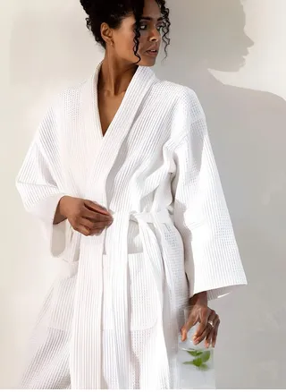White Waffle Cotton Robe Unisex Bathrobe Standard Size 