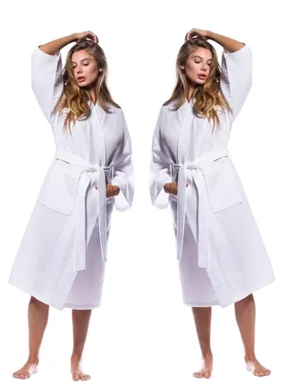 2 Pieces Waffled  Bathrobe Standard Size White Colour 