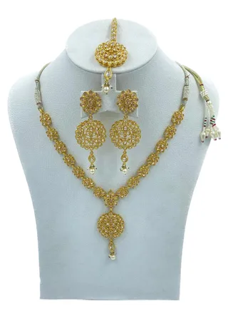 GOHONA Royal Bling Bollywood Traditional Indian Jewellery  Necklace With Earrings Set and 1 Tikka  Golden colour 