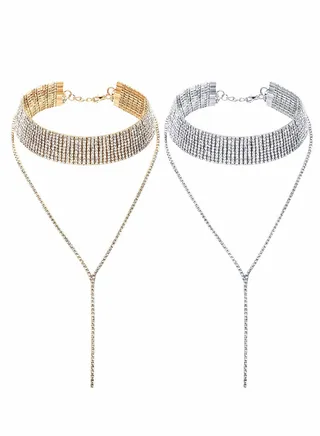 Choker Necklace for Women Girls, 2 Pcs Rhinestone Tassel Wide Collar Necklaces Chain 