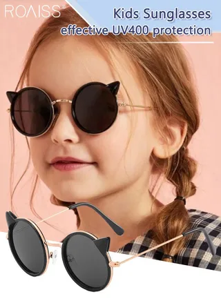 Round Sunglasses for Kids, UV400 Protection Cute Beach Holiday Sun Glasses with Cat Ear Decoration and Metal Frame for Girls Boys and Children Age 3-12, Gold 
