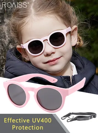 Round Polarized Sunglasses for Babies, UV400 Protection Cute Beach Holiday Sun Glasses with Lightweight Flexible TPEE Frame and Elastic Strap for Boys Girls Age 0-3, Pink 