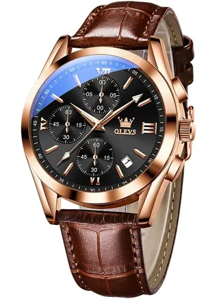 Men Fashion Watch Analog Quartz  Leather Band Design  Rose Gold Frame Black Dial 