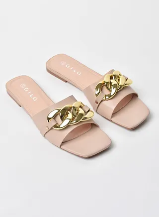 Chain Detail Broad Strap Flat Sandals Beige 