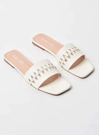 Cut-Out Detail Broad Strap Flat Sandals Off White 