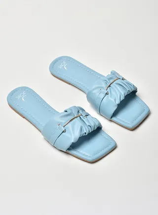 Ruched Broad Strap Flat Sandals Blue 