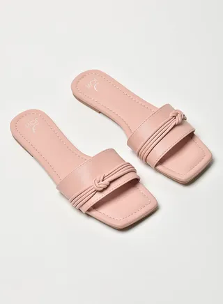Knot Detail Broad Strap Square Toe Flat Sandals Pink 