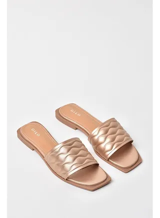 Quilted Weave Pattern Broad Strap Flat Sandals Rose Gold 