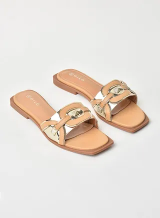 Slip-On Detail Flat Sandals Light Beige/Gold 