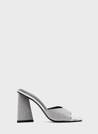Flared Heel Glitter Mule Sandal 