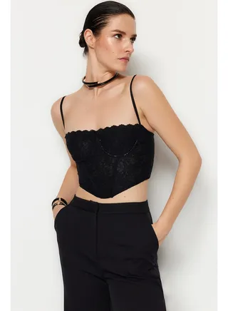 Black Crop Lined Corset Detailed Lace Bustier with Anchors TPRAW23BS00062 