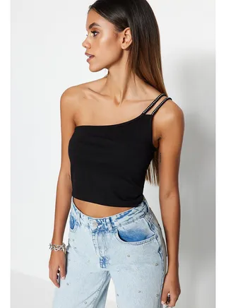 Black Shiny Stone Detailed One Shoulder Strap Fitted Crop Knitted Blouse TWOSS23BZ00455 