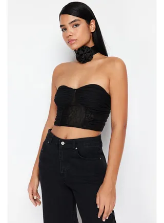 Black Body-Sitting Knitted Lace Bustier TPRSS24BS00008 