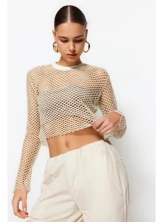 Beige Lurex Mesh Relaxed Cut Crew Neck Crop Knitted Blouse TWOSS23BZ00523 