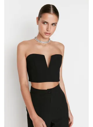 Black Crop Lined Woven Bustier TPRSS22BS0065 