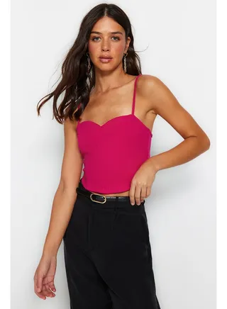 Fuchsia Fitted Crop Strap Crepe Knitted Bustier TWOSS23BS00036 