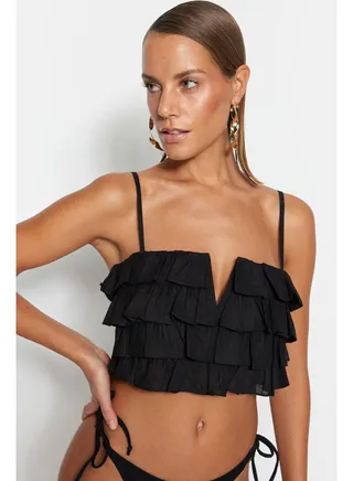 Black Crop Woven Ruffle 100% Cotton Blouse TBESS21BZ0661 