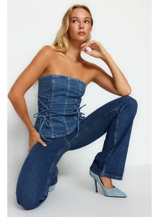Blue Lace Detailed Denim Bustier TWOAW24BS00006 