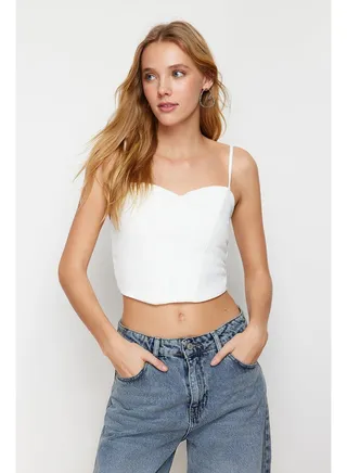 White Fitted Crop Strap Crepe Knitted Bustier TWOSS23BS00036 