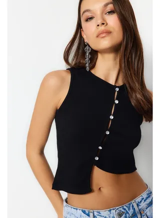 Black Stone Detailed Asymmetric Fitted Ribbed Crop Knitted Blouse TWOSS23BZ00500 