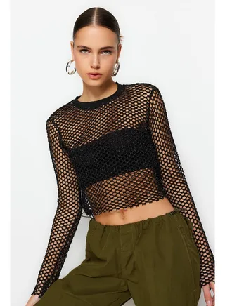 Black Lurex Mesh Relaxed Cut Crew Neck Crop Knitted Blouse TWOSS23BZ00523 
