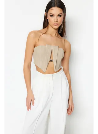 Beige Crop Lined Woven Accessory Bustier TPRSS23BS00049 