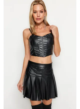 Black Crop Faux Leather Bustier TPRAW24BS00035 