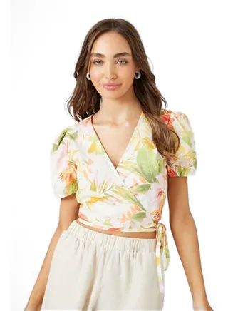 Floral Short-Sleeve Wrap Crop Top 
