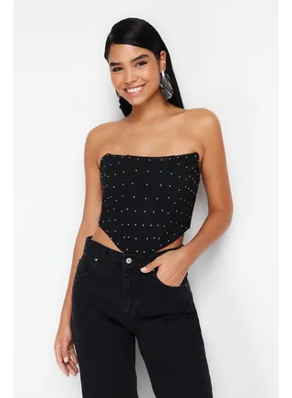 Black Woven Shiny Rhinestone Corset Detailed Bustier TPRSS24BS00023 