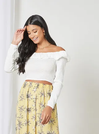 Smocked Off Shoulder Top White 