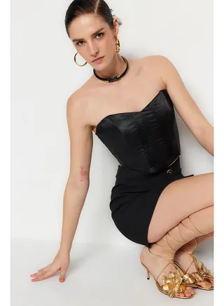 Black Crop Lined Woven Bustier TPRSS22BS0069 