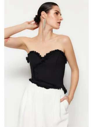 Black Fitted Lined Woven Tasseled Bustier TPRSS22BS0070 