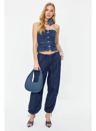 Blue Stitching Detailed Strapless Denim Bustier TWOSS24BS00003 