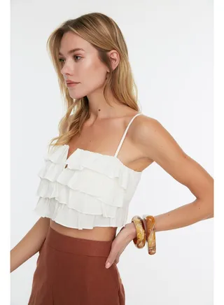 White Crop Woven Ruffle 100% Cotton Blouse TBESS21BZ0661 