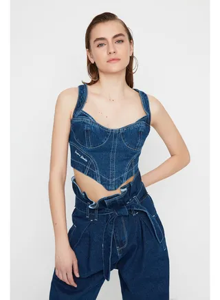 X Sagaza Studio Navy Blue Denim Blouse TPRAW22BZ1118 