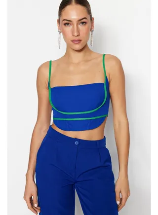 Blue-Green Crop Woven Bustier TPRSS23BS00016 
