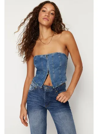 Dark Blue Stitch Detail Strapless Denim Bustier TWOSS24BS00009 