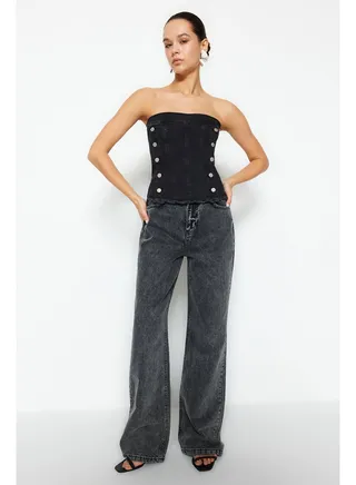 Black Button Detailed Strapless Denim Bustier TWOSS24BS00000 