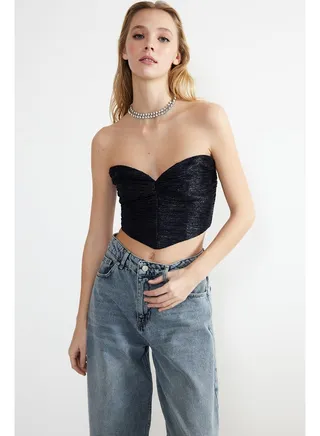 Navy Blue Crop Knitted Shiny Bustier TPRSS24BS00004 